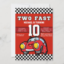 Kids birthday party invitation: Two fast, car, QR