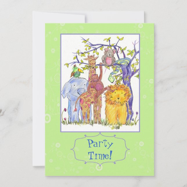 Kids Birthday Party Invitation Zoo Animals Art (Front)