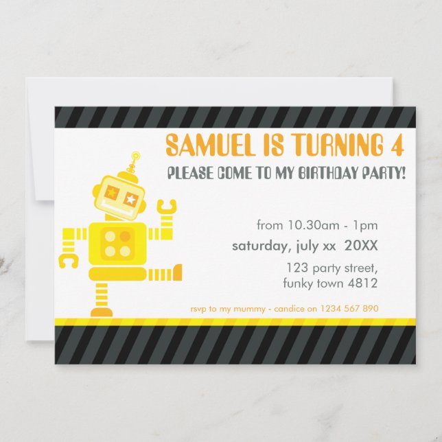 KIDS BIRTHDAY PARTY INVITE cute dancing robot (Front)