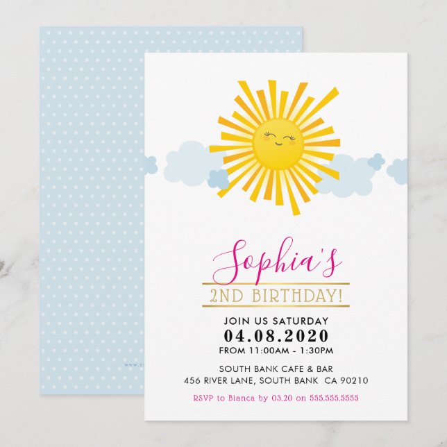 KIDS BIRTHDAY PARTY INVITE cute kawaii smiling sun (Front/Back)