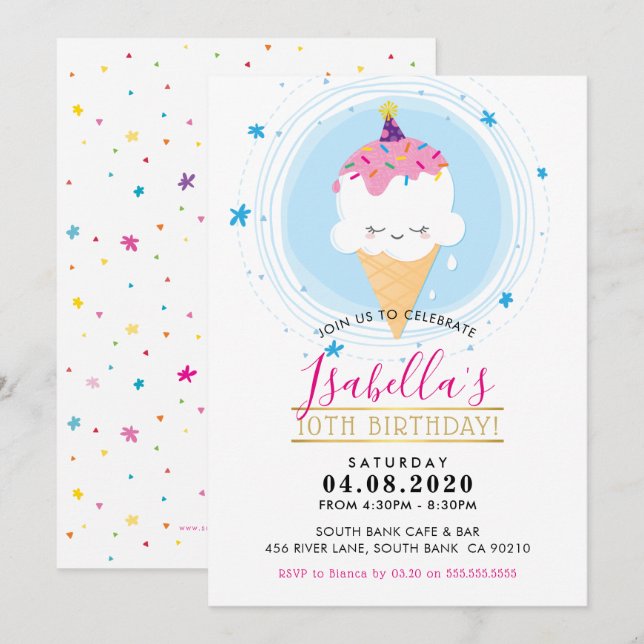 KIDS BIRTHDAY PARTY INVITE kawaii icecream cone (Front/Back)