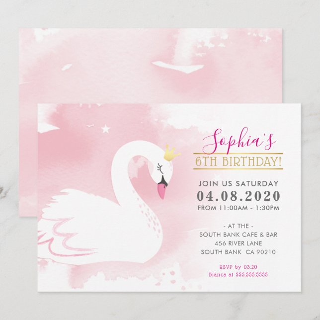 KIDS BIRTHDAY PARTY INVITE swan princess gold pink (Front/Back)
