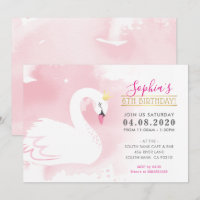 KIDS BIRTHDAY PARTY INVITE swan princess gold pink