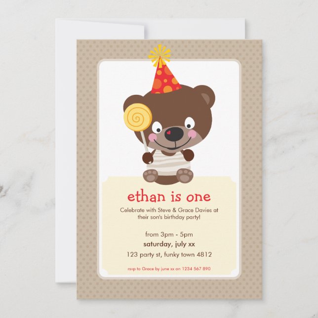 KIDS BIRTHDAY PARTY INVITE teddybear lollipop (Front)