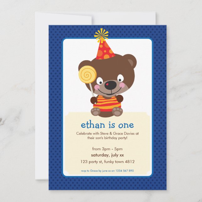 KIDS BIRTHDAY PARTY INVITE teddybear lollipop 1P (Front)