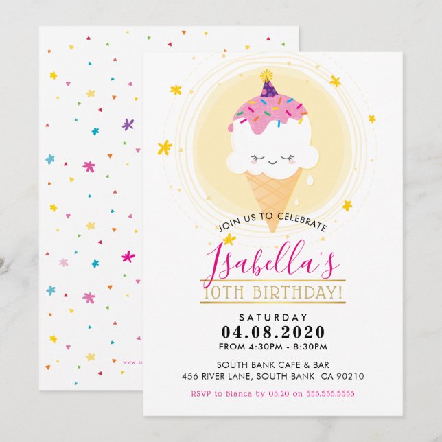 KIDS BIRTHDAY PARTY  kawaii ice cream cone yellow Invitation (Front/Back)
