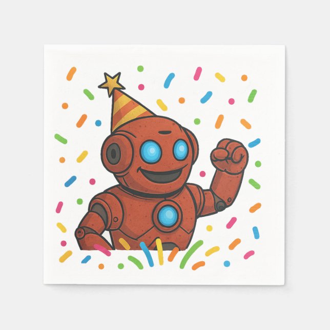 Kids Birthday Party Napkin – Red Robot Theme (Front)