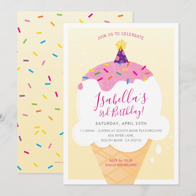 KIDS BIRTHDAY PARTY retro ice-cream cone yellow Invitation (Front/Back)