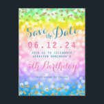 Kids Birthday Party Save The Date Unicorn Rainbow Announcement Postcard<br><div class="desc">Baby Kids Birthday Party "Save The Date" template design with Magical Unicorn Rainbow,  faux glitter confetti (not a real glitter),  and custom name and date text. Fully customisable!</div>