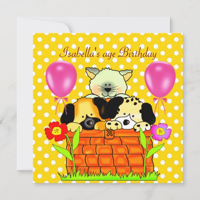 Kid's Birthday Party Spot Cats Dogs friends 4 Invitation (Front)