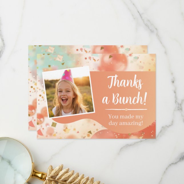 Kids Birthday Photo Thanks a Bunch Pastel Confetti Thank You Card (Front/Back In Situ)
