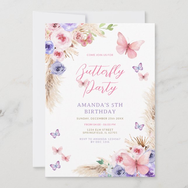 Kids Birthday Pink Purple Butterflies Invitation (Front)