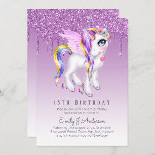 Kids Birthday Purple Unicorn Digital or Printed Invitation