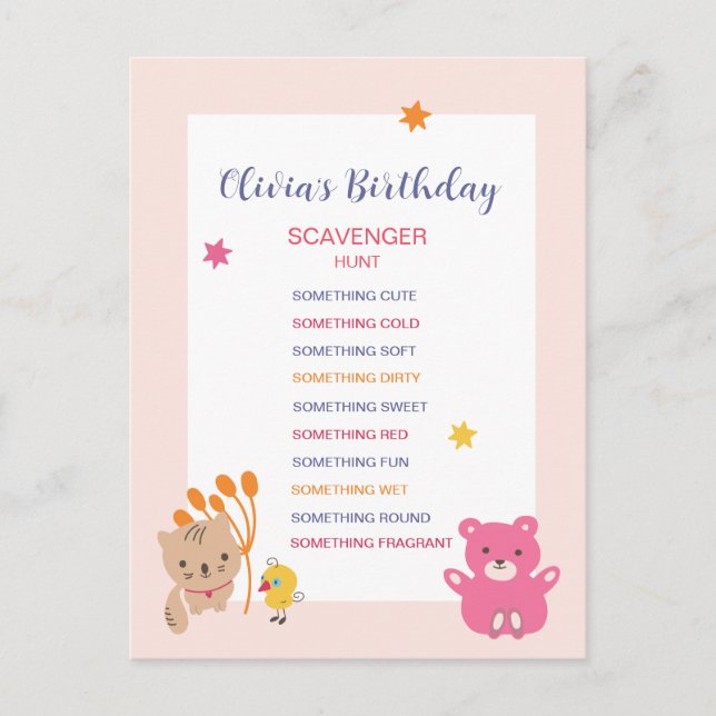 Kids Birthday Scavenger Hunt Game Postcard (Front)