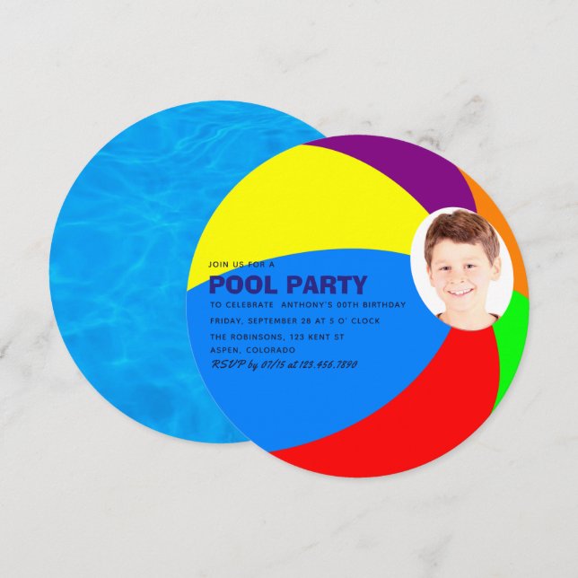Kids Birthday Summer Pool/Beach Party add photo Invitation (Front/Back)