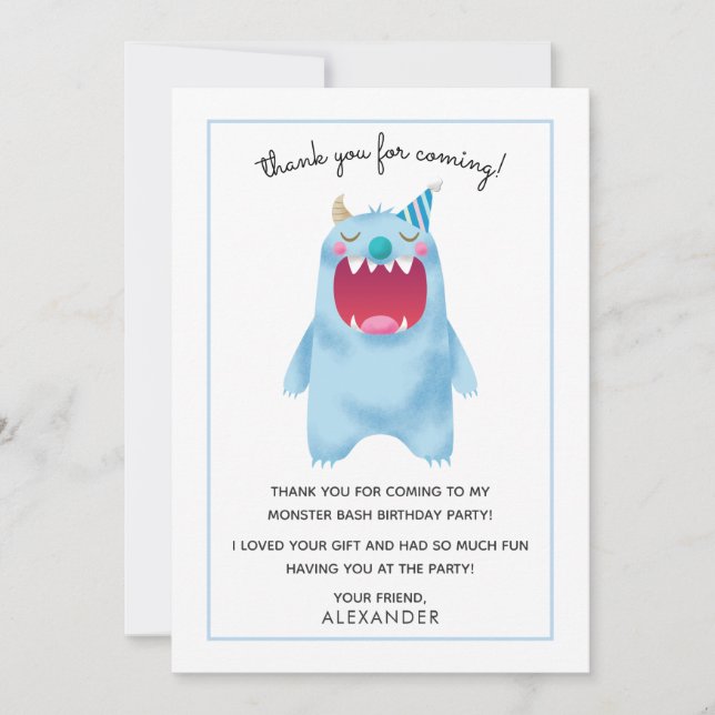 Kids Birthday Thank You Card | Blue Monster (Front)