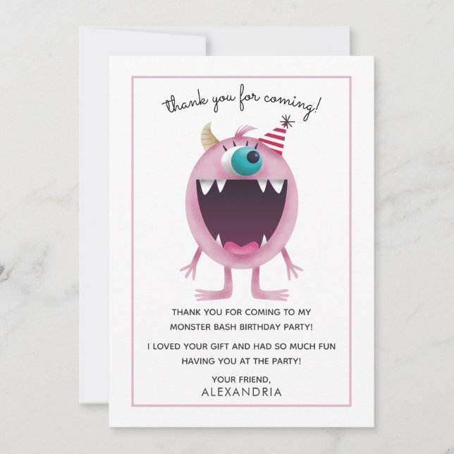 Kids Birthday Thank You Card | Pink Monster (Front)