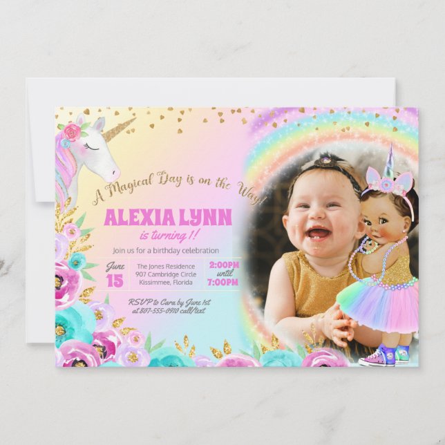 Kids Birthday Unicorn Magical Day Baby with Photo  Invitation (Front)
