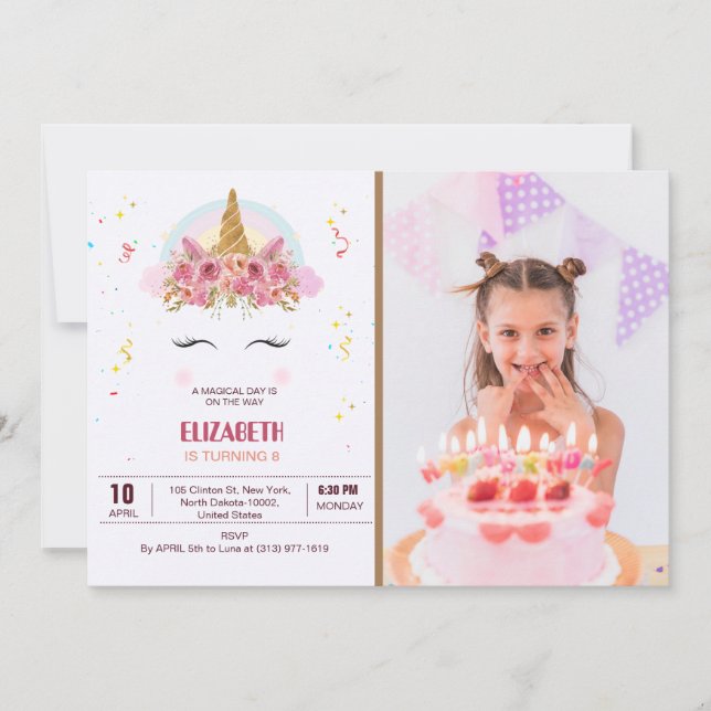 Kids Birthday Unicorn Theme Personalised Photo Invitation (Front)