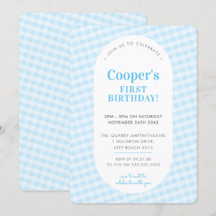 KIDS BIRTHDAY vintage gingham pattern pale blue Invitation