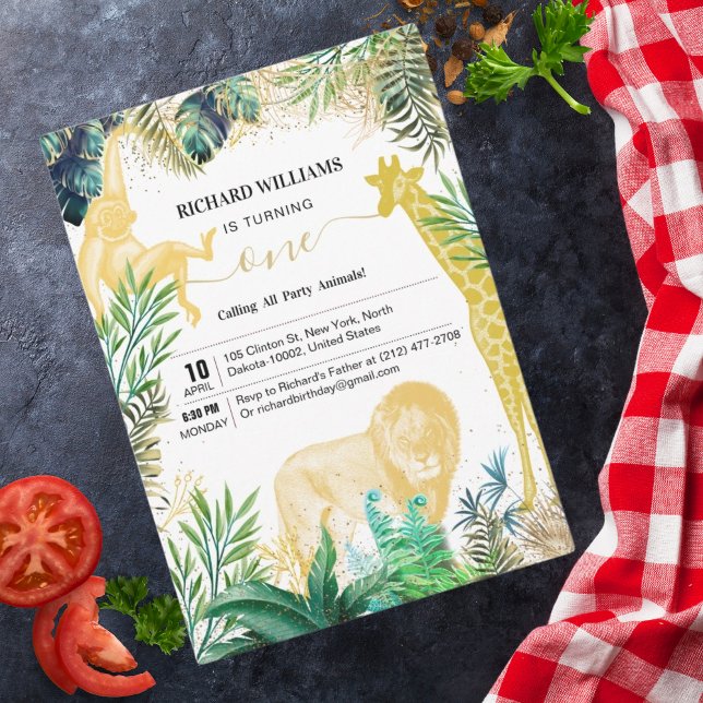 Kids Birthday Wild Animals Jungle Greenery & Gold Invitation (Creator Uploaded)