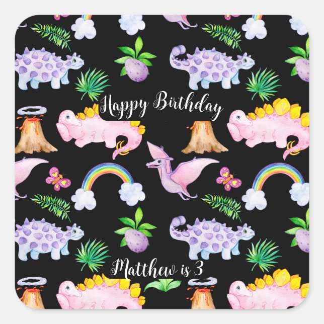 Kids' Black Dinosaur Rainbow Watercolor Jungle Square Sticker (Front)