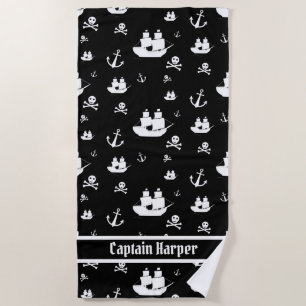 Kids Black Personalised Anchor Pirate Beach Towel