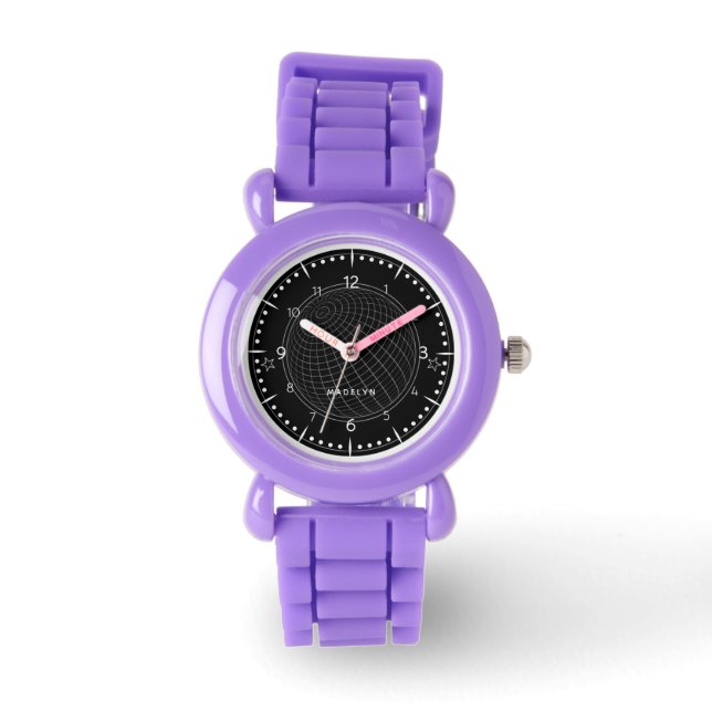 Kids Black & White Glob Girl Name Purple Strap Watch (Front)