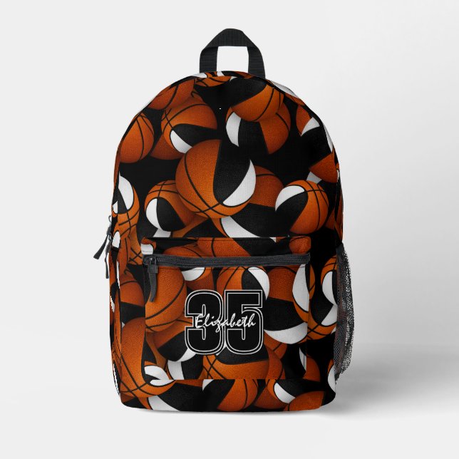 Kids black white team colours basketballs pattern printed backpack (Front)