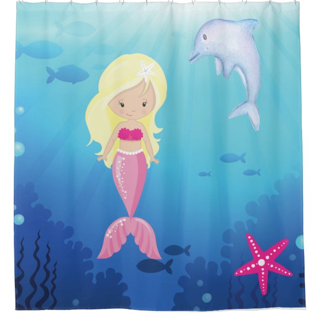 Kids Blonde Mermaid Under The Sea Shower Curtain (Front)