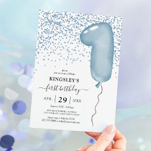 Kids Blue 1st Balloon Birthday Invitation