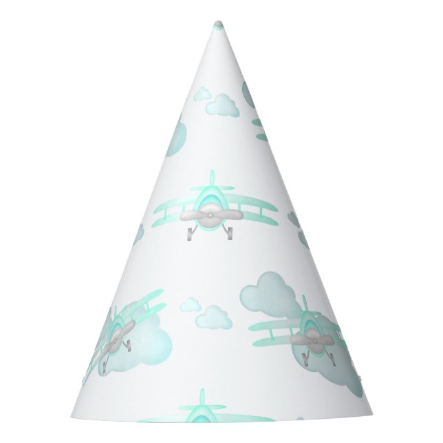 Kids Blue Airplane Flying Aviation Birthday Party Hat (Front)