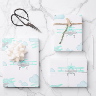 Kids Blue Airplane Flying Aviation Birthday Wrapping Paper Sheet