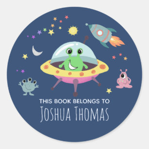 Kids Blue Alien Monster Space Boys Bookplate Classic Round Sticker