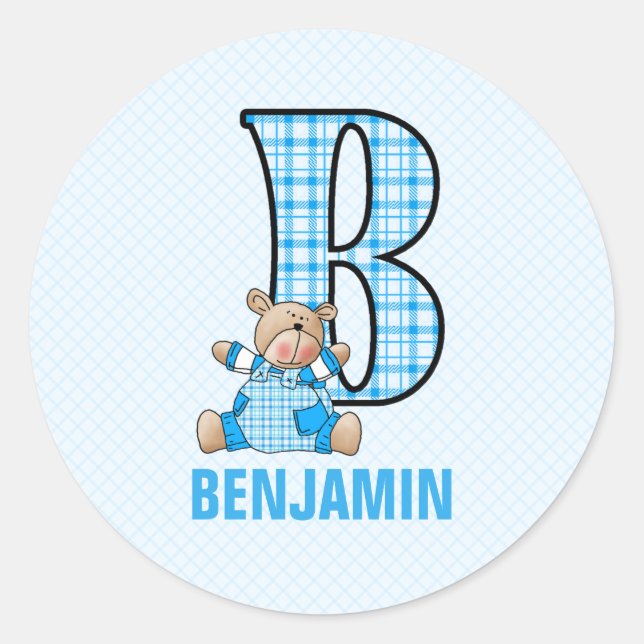 Kids Blue Bear Letter B Boy's Checked Name Classic Round Sticker (Front)