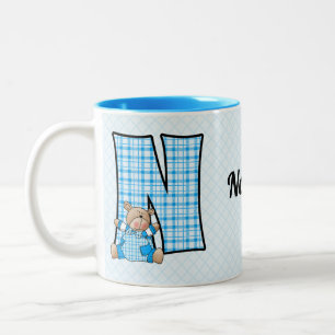 Kid's Blue Bear Monogram Letter N Name Two-Tone Coffee Mug
