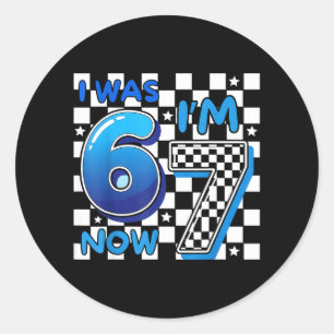 Kids Blue Chequered I was 6 IM 7 Funny 67 Birthday Classic Round Sticker