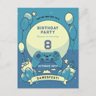 Kids blue gamesfest birthday invitation postcard