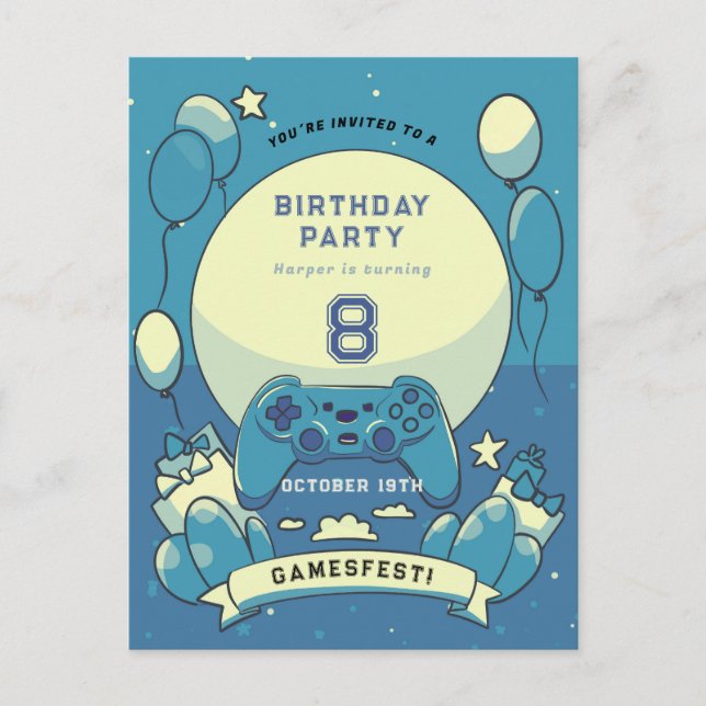 Kids blue gamesfest birthday invitation postcard (Front)