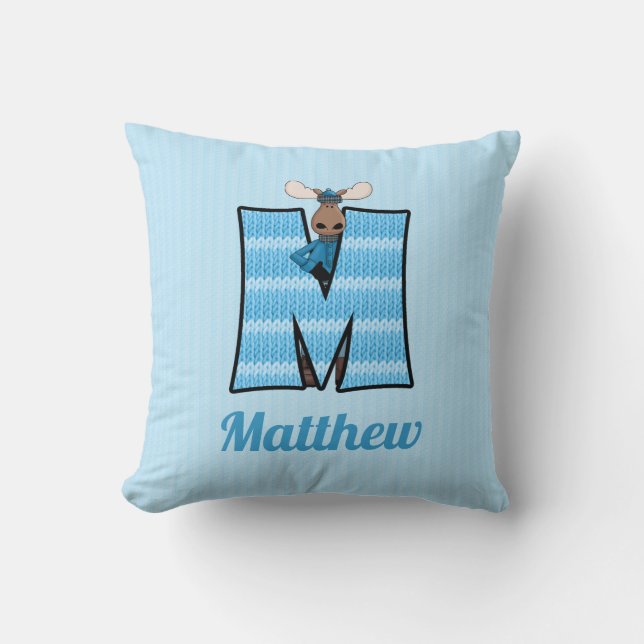 Kid's Blue Knit Print Moose Monogram Letter M Cushion (Front)