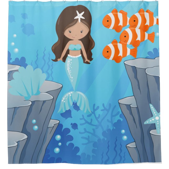 Kids Blue Mermaid Under The Sea Shower Curtain (Front)