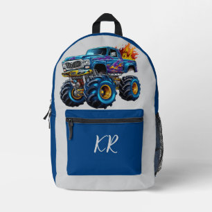 Kids Blue Monster Truck Orange Flames Initials Printed Backpack