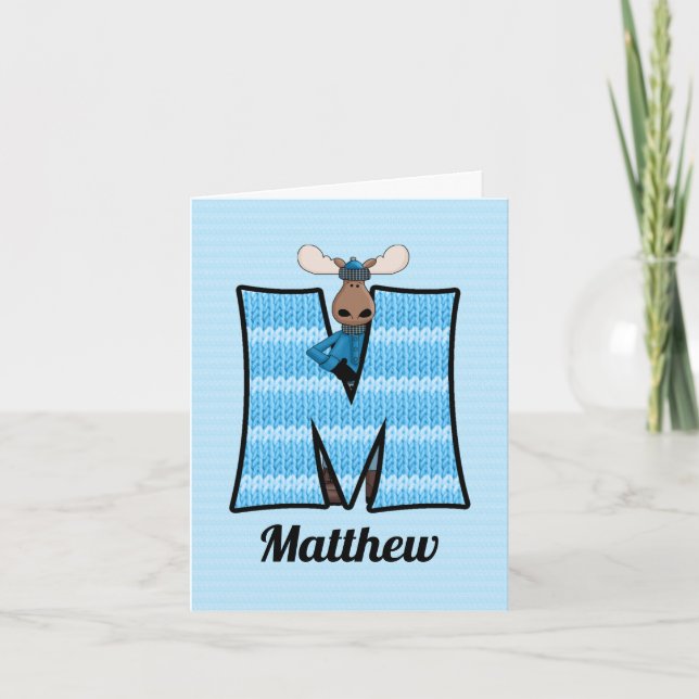 Kids Blue Moose Monogram M Blank Note Card (Front)