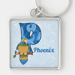 Kid's Blue Paisley Parrot Monogram "P" Key Ring