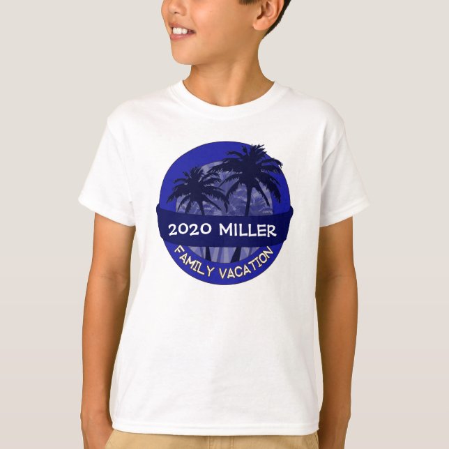Kids blue palm tree custom name vacation tshirt (Front)