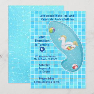 Kids Blue  Pool Party Unicorn Birthday Invitations
