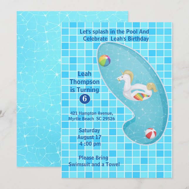 Kids Blue  Pool Party Unicorn Birthday Invitations (Front/Back)