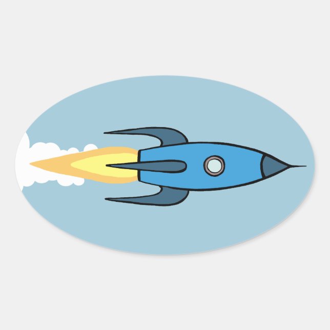 Kids Blue Rocket Ship Outer Space Boy Cute Modern Oval Sticker (Front)