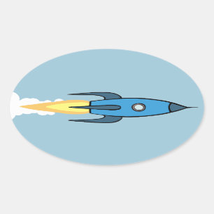 Kids Blue Rocket Ship Outer Space Boy Cute Modern Oval Sticker