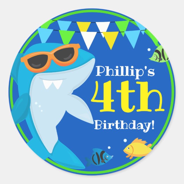 Kids Blue Shark Fintastic Birthday  Classic Round Sticker (Front)